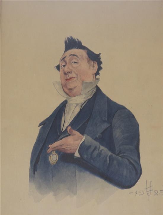 20th century watercolour, portrait of Mr Pecksniff, 19 x 14cm